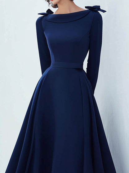 Navy Bow-Shoulder Long-Sleeve Midi Dress
