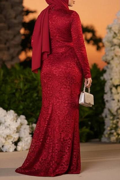 Jacquard Lace Ruched Cinch Waist Plain Party Maxi Dress