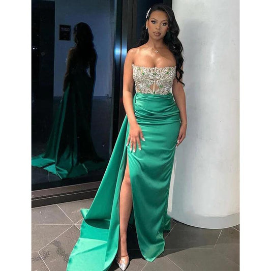 Fitted Strapless Beaded Sheeer Satin Pleats Train Long Formal Evening Dress