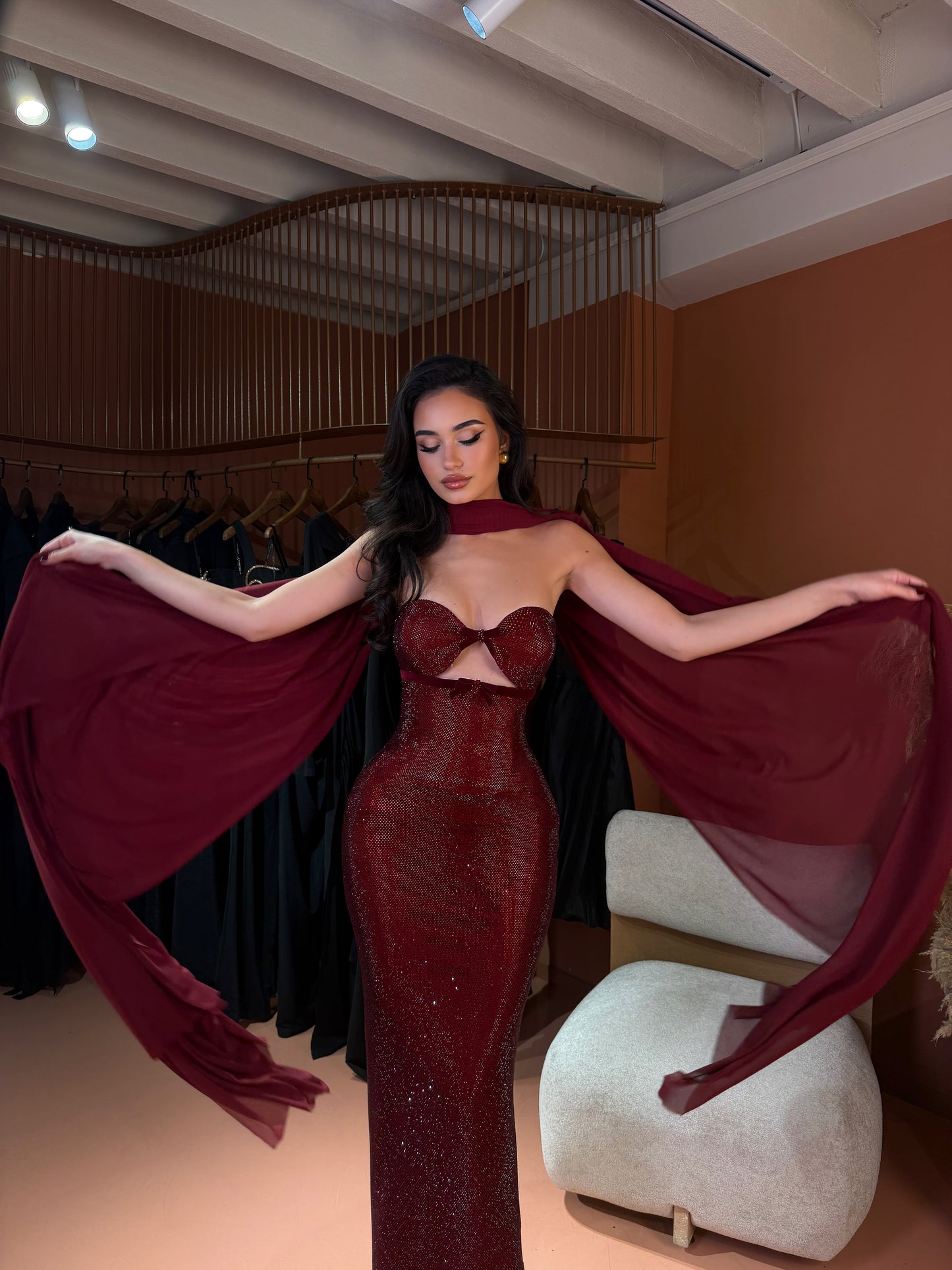 Crystal Cutout Gown with Cape