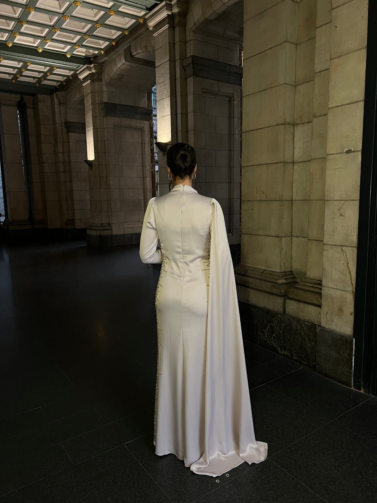 Ivory Long Sleeves Beaded High Neck Sheath Evening Formal Dress