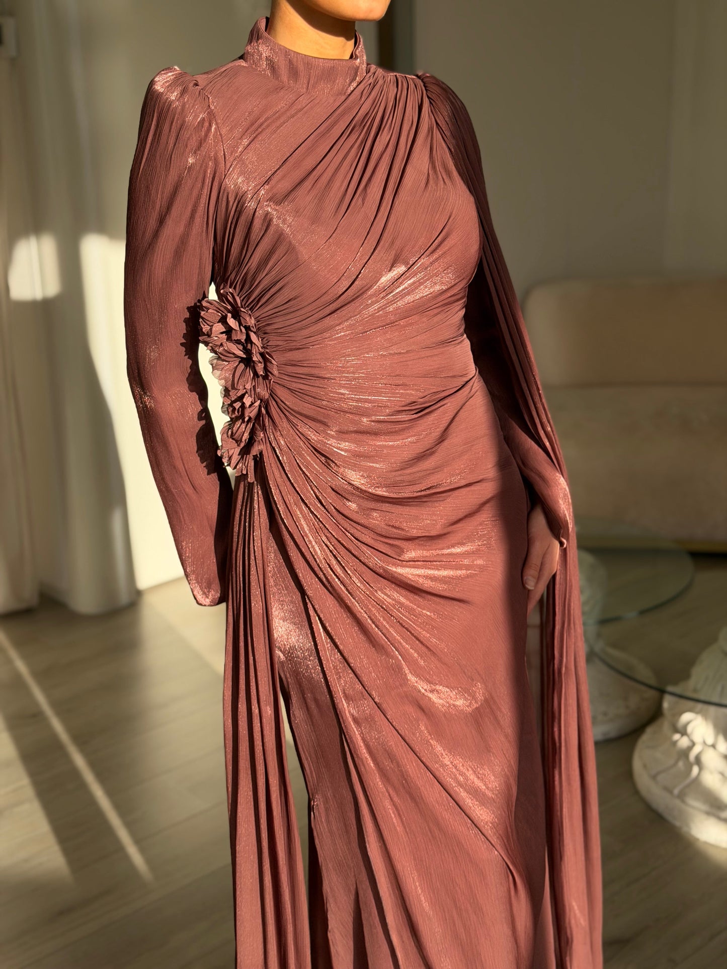 Rosewood High Neck Long Sleeves Ruched Flower Evening Formal Dress