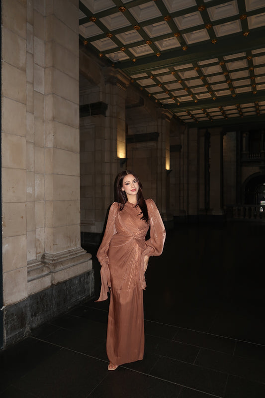 Brown Long Sleeves Ruched Sheath Ankle Length Evening Formal Dress