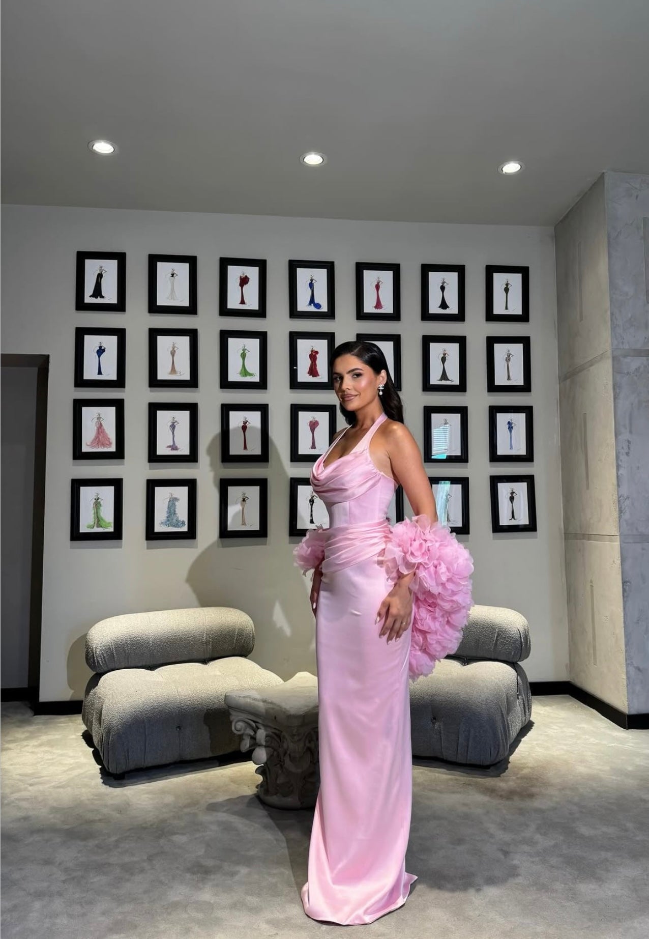 Pink Halter Dress with Floral cape Prom Dress