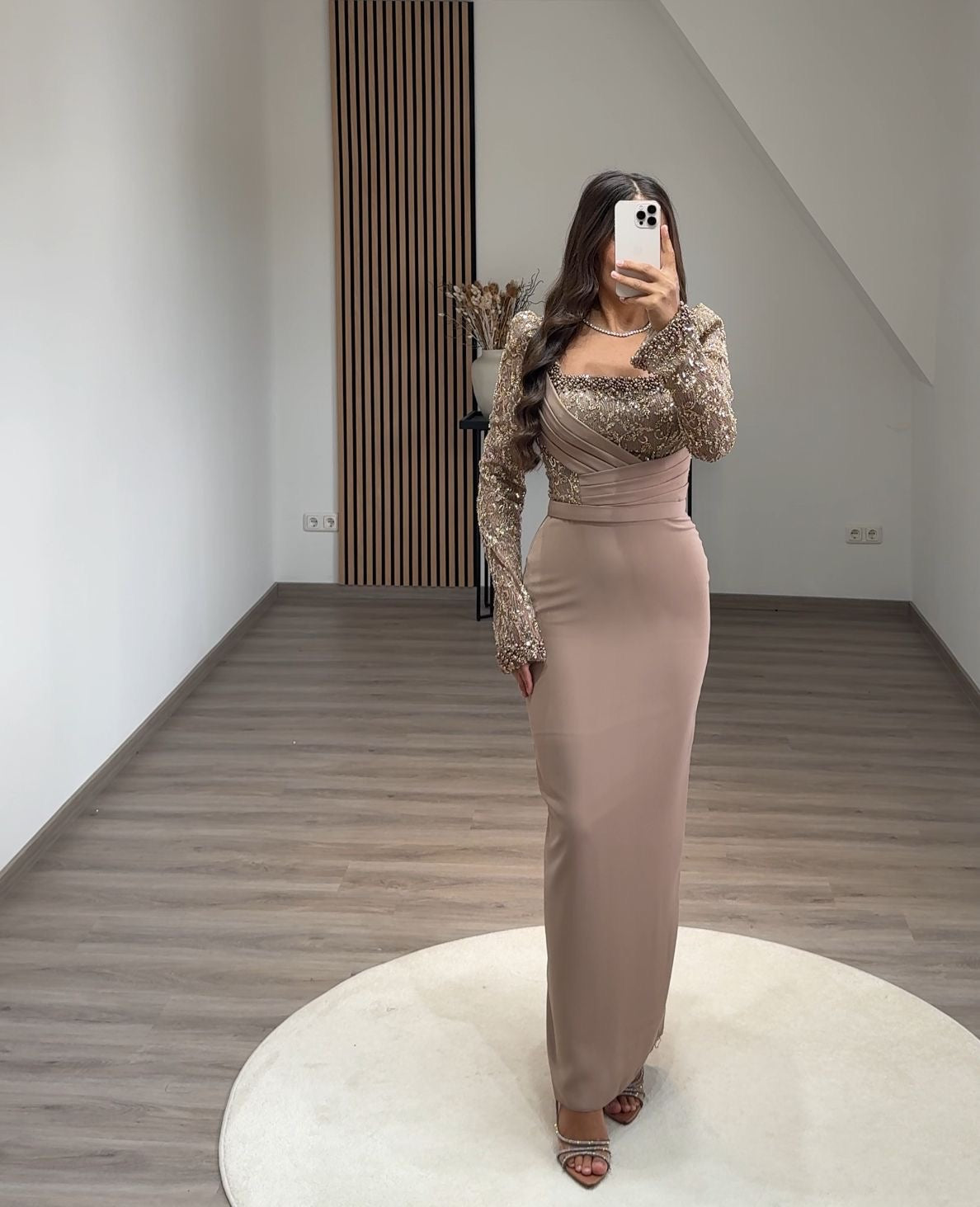 Long Sleeves Sequins Ruched Evening Dress