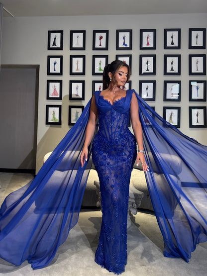 Long Royal Blue Gown with Beaded Embellishments & Draped Chiffon Sleeves