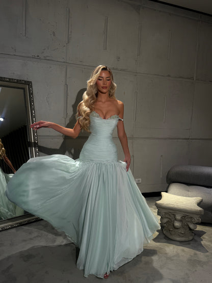 A-Line Sleeveless Strapless Flowing Mint Gown