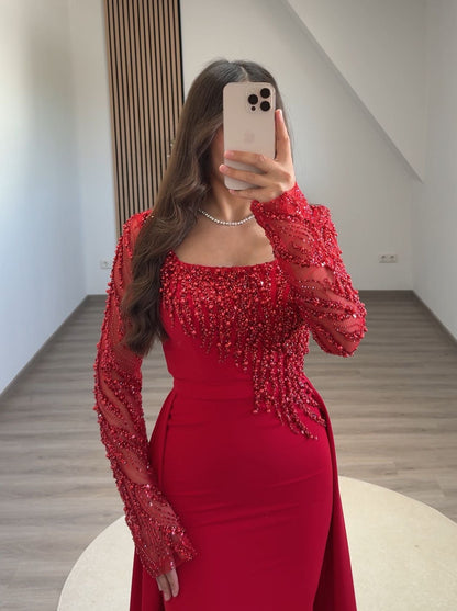 Simple Long Sleeves Square Sequins A-Line Prom Dress