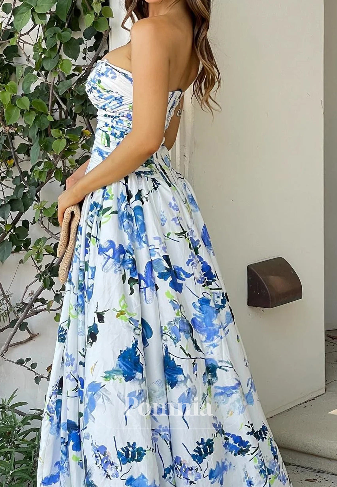 Princess A Line Strapless Blue Printed High-Low Party Dress with Ruffles