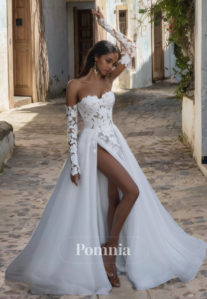 A-Line Off-Shoulder Sweetheart Appliques Empire-Waist Boho Wedding Dress with Slit