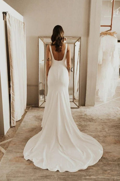 Backless Straps Sheath Column Satin Sweep Train Wedding Dress