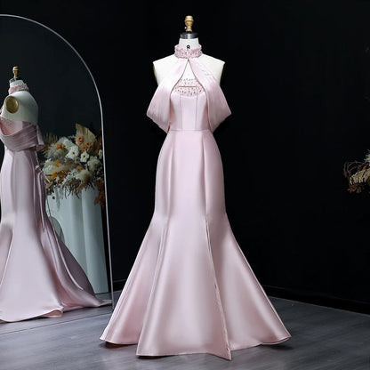 Pink Off-Shoulder Crystal Beaded Mermaid Evening Gown with Halter Detail