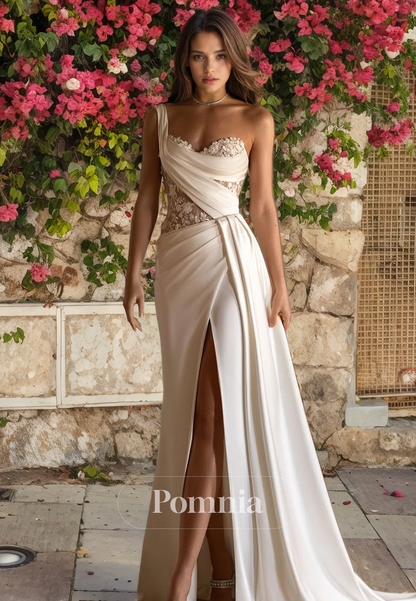 One Shoulder A-Line Sweetheart Pleated Sleeveless Long Beach Wedding Dress