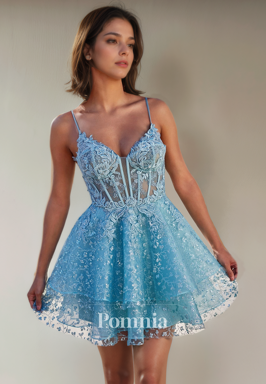 A-Line Spaghetti Straps V-Neck Appliques Empire-Waist Short Homecoming Dress