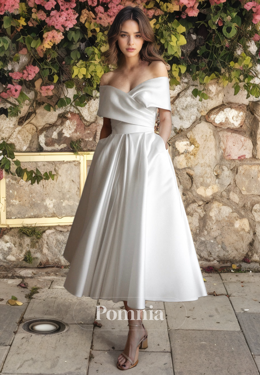 A-Line Off-Shoulder Cap Sleeves Pleated Empire-Waist Satin Beach Wedding Dress