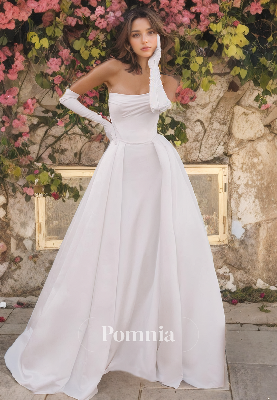 A-Line Off-Shoulder Scoop Empire-Waist Satin Pleated Long Beach Wedding Dress