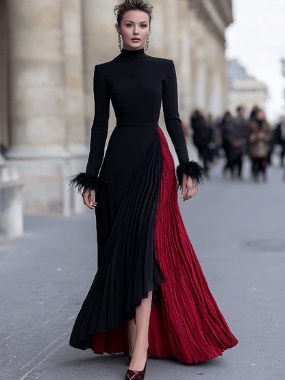 Black And Red Pleated Gown With Feather Cuff Details