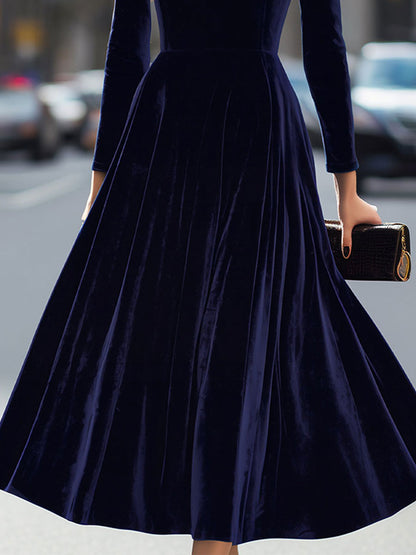 Luxurious   Velvet Long-Sleeve Midi Dress