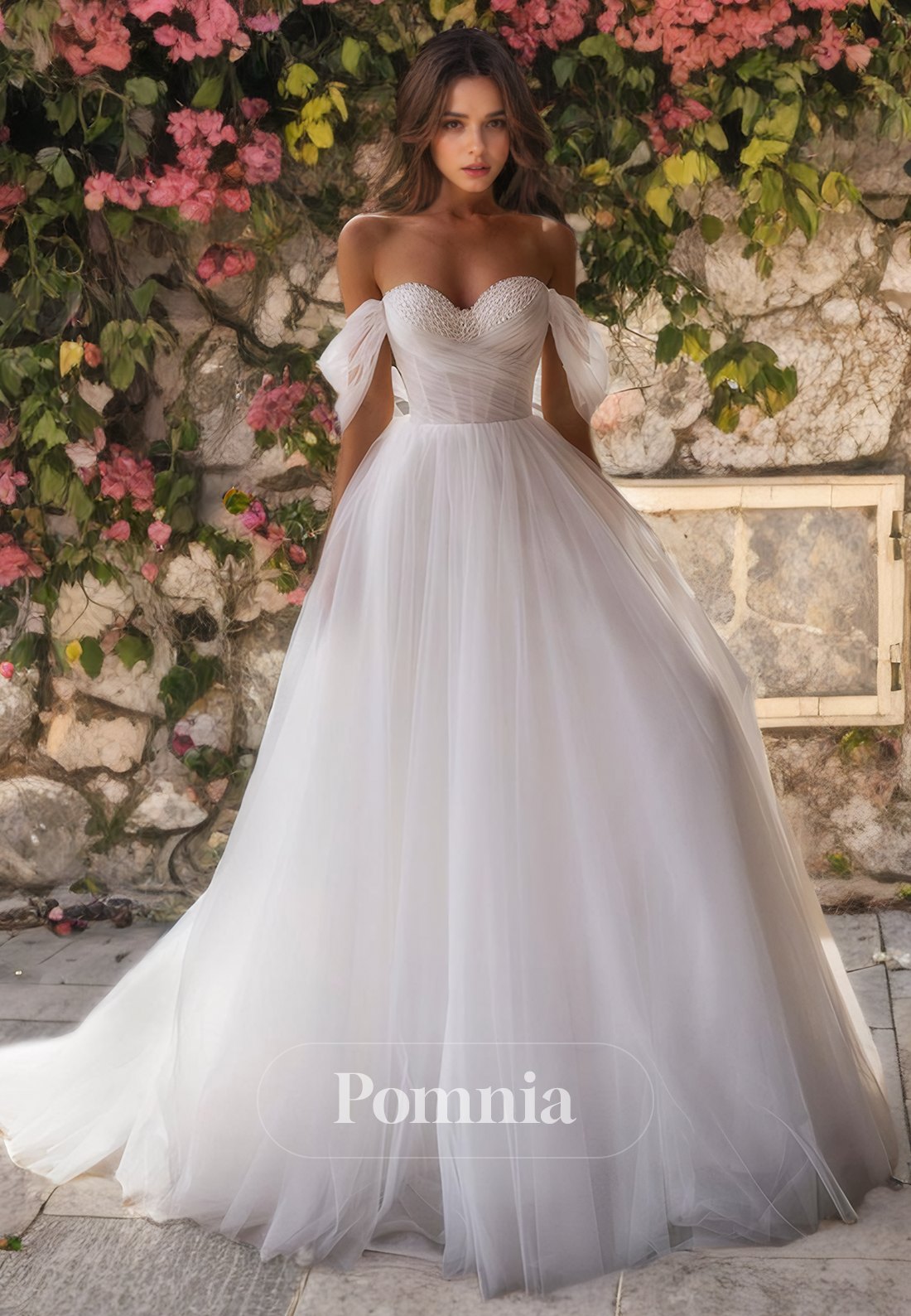 A-Line Empire-Waist Off-Shoulder Sweetheart Tulle Long Beach Wedding Dress