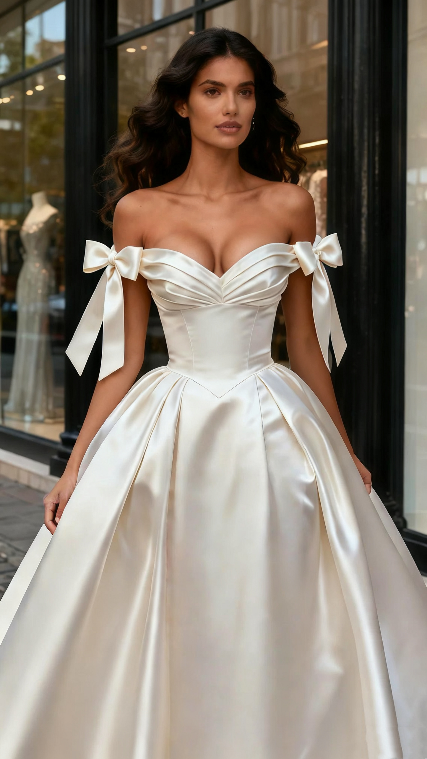 A Line Off The Shoulder Ruched Tie Shoulder Satin Wedding Dress