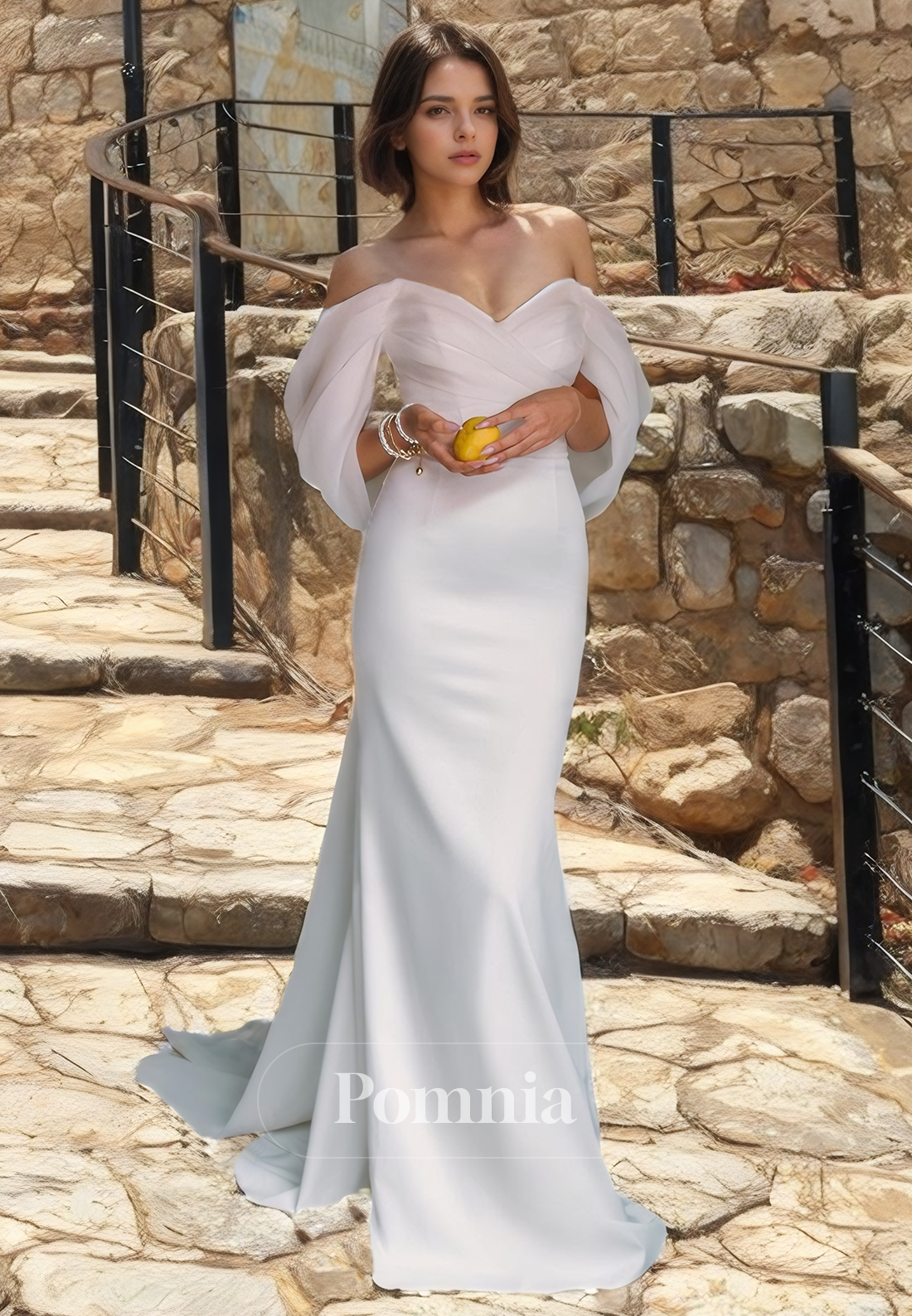 Off-Shoulder V-Neck Cap Sleeves Mermaid/Trumpet Long Beach Wedding Dress