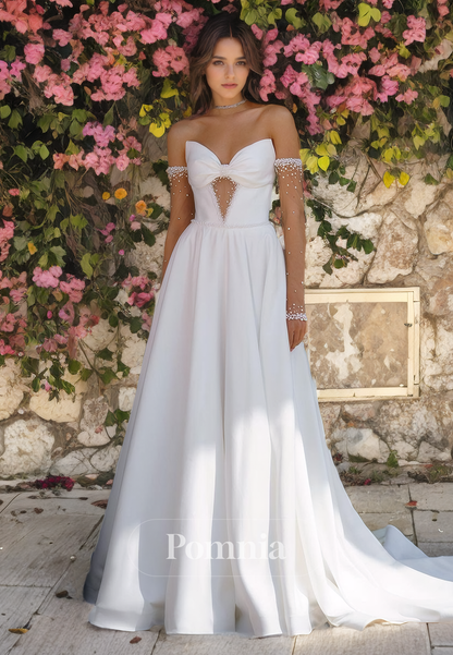 A-Line Off-Shoulder V-Neck Sleeveless Empire-Waist Pleated Long Beach Wedding Dress