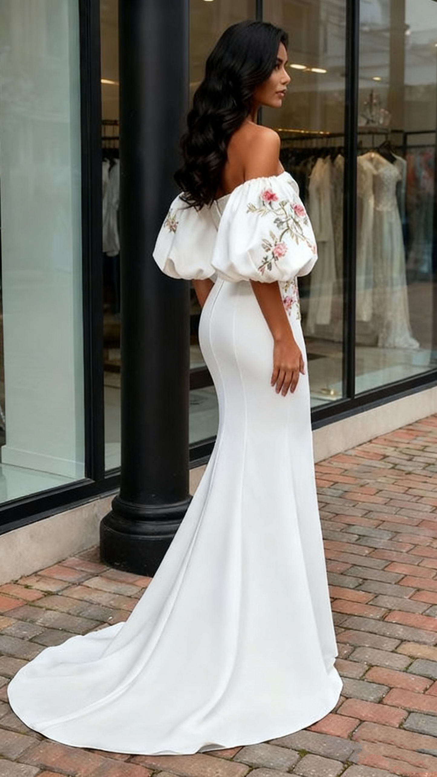 Sweetheart Mermaid Puffy Sleeves Embroidery Satin Wedding Dress