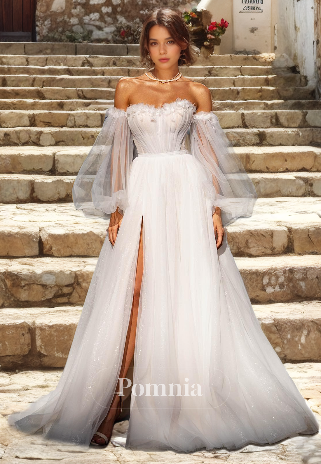 A-Line Empire-Waist Strapless Long Sleeves Tulle Long Boho Wedding Dress