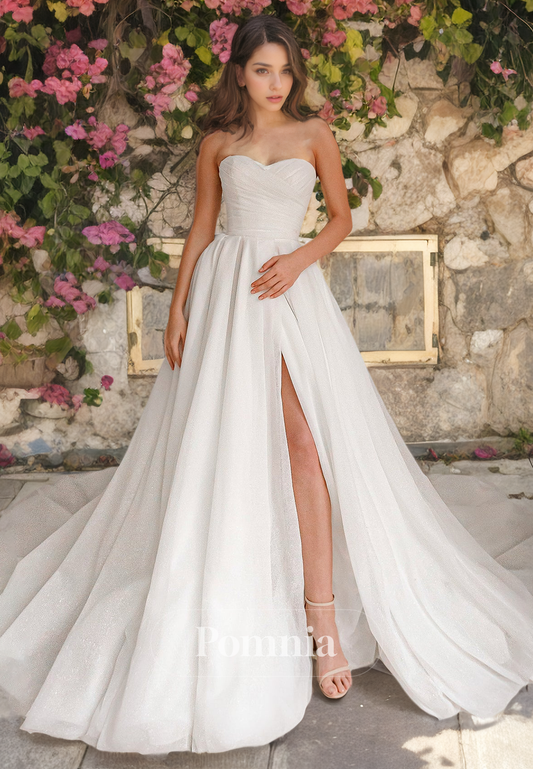 A-Line Off-Shoulder Sweetheart Sleeveless Empire-Waist Long Beach Wedding Dress with Slit