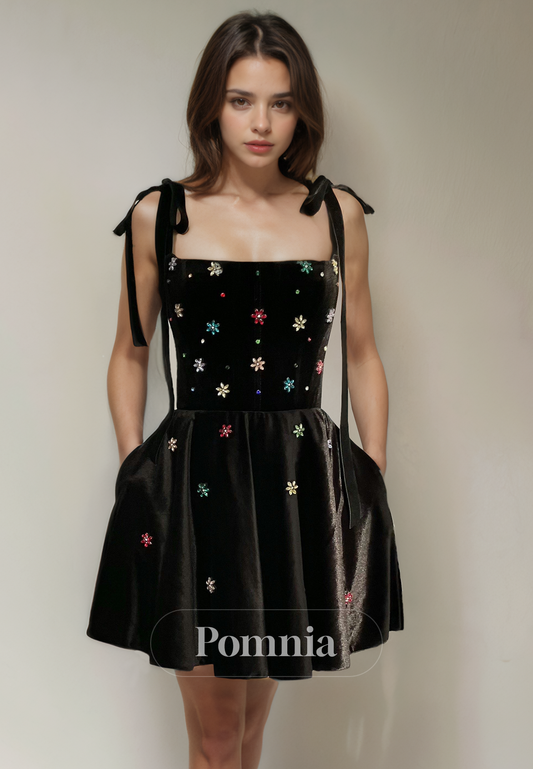 A-Line Straps Square Empire-Waist Sleeveless Velvet Short Homecoming Dress