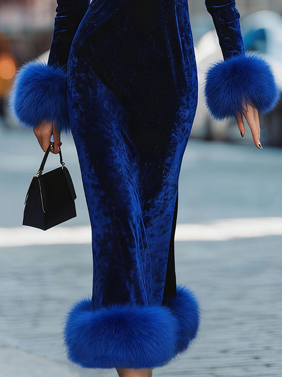 Glamorous Royal Blue Velvet Dress With Feather Trims
