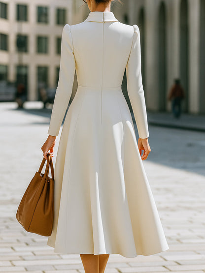Ivory Puff Sleeve Buttoned Peter Pan Collar Midi Dress
