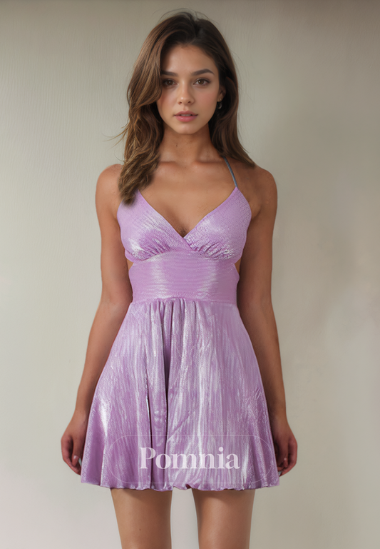 Spaghetti Straps V-Neck A-Line Sequined Sleeveless Short Homecoming Dress