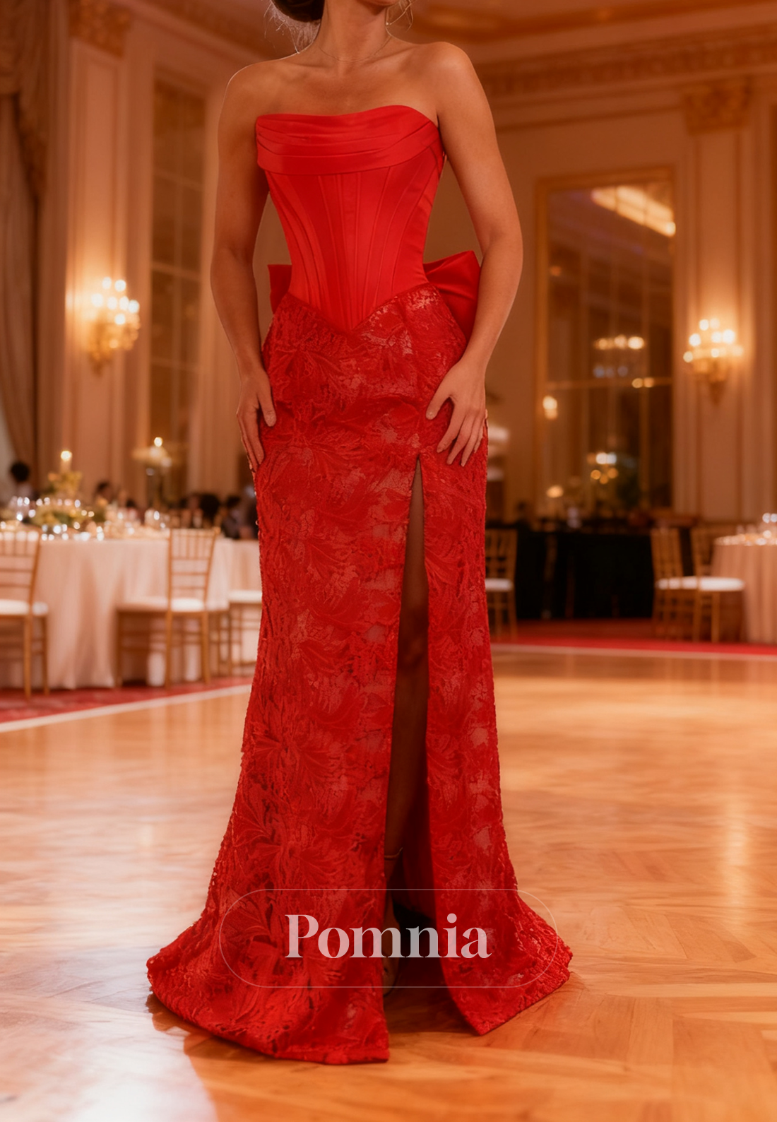 Red Sleeveless Strapless Bowknot Slit Prom Dress