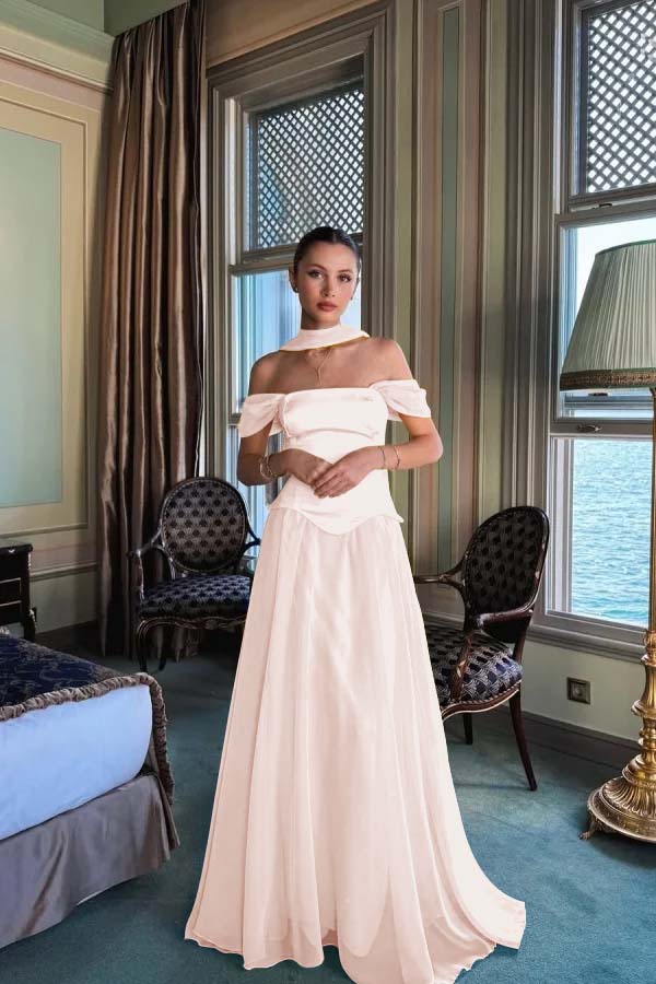 Stunning Off the Shoulder Sleeveless Long Prom Dress With Pleated