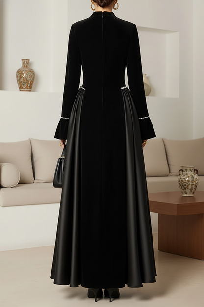 Velvet Patchwork Flare Sleeve Rhinestone Decor Party Maxi Dress