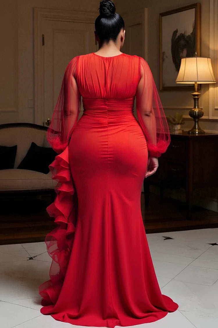 Red Round Neck Lantern Sleeve Long Sleeve Ruffle Satin Maxi Dresses