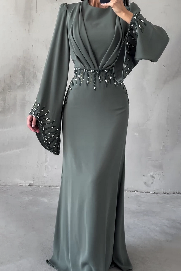 Hot Drilling Irregular Sleeve Pleated Party Maxi Dresses-Blue