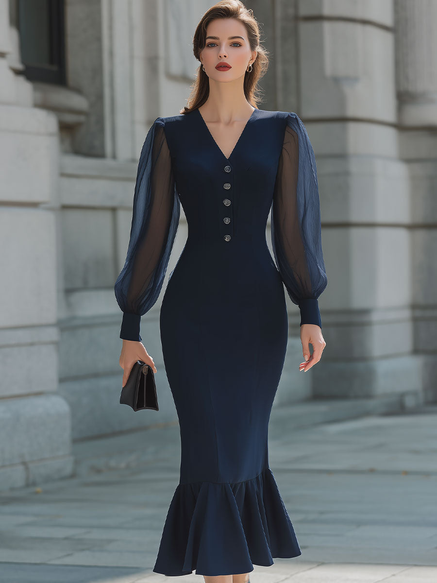 Chic & Classy: Button-Front Fitted Midi Dress With Flounce Hem