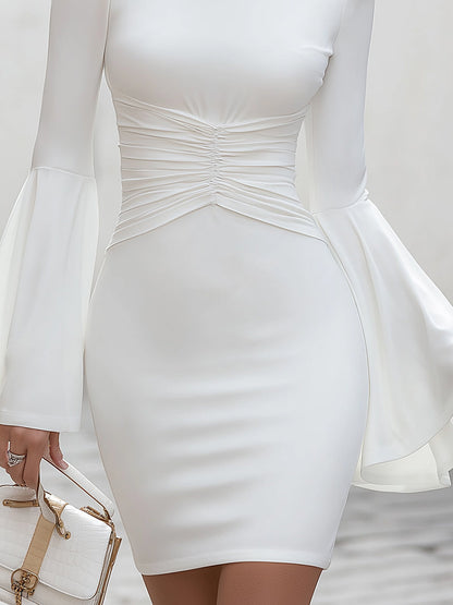 High-Neck Ruched Waist Dress With Dramatic Flared Sleeves