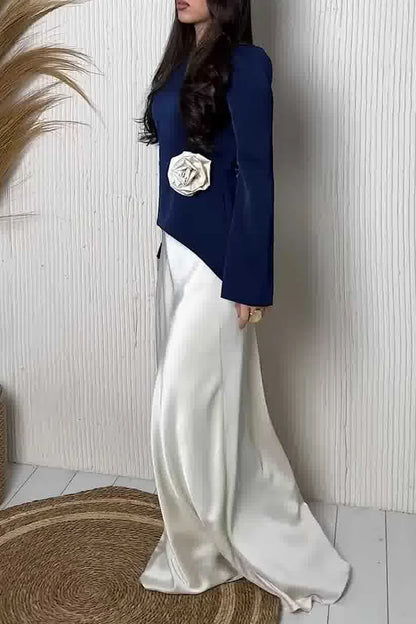 Colorblock Floral Rosette Asymmetric Hem Top Maxi Dress