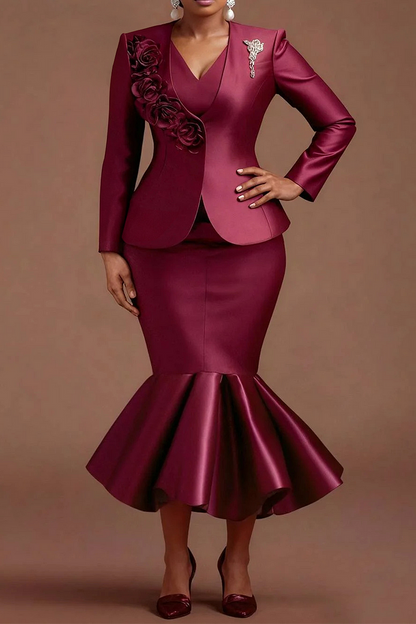 Formal Burgundy V Neck Long Sleeve 3D Elegant Bodycon Satin Two Piece Skirt Sets