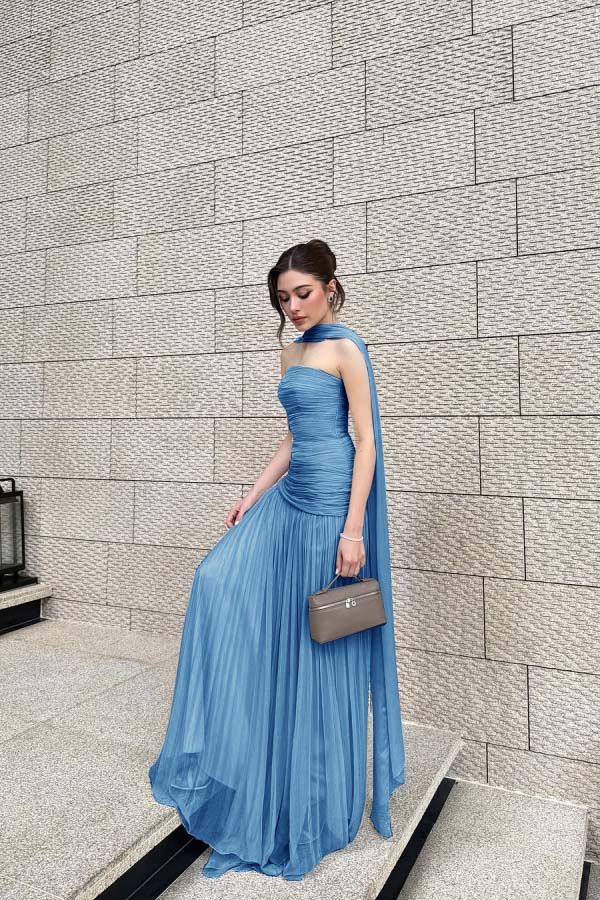 Chiffon Strapless Sleeveless Long Pleated A-Line Prom Dress With Ruffles