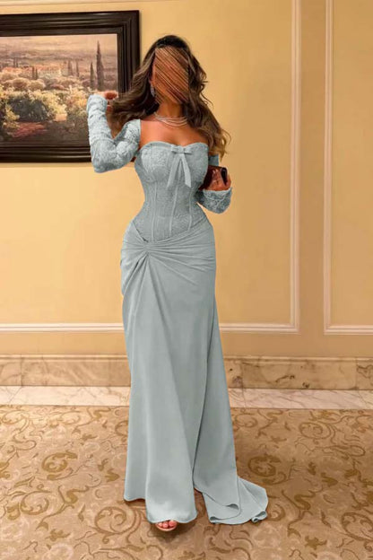 Sweetheart Strapless Long Sleeves Long Pleated Mermaid Prom Dress With Bow