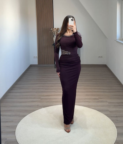 Simple Long Sleeves Scoop Empire-Waist Evening Dress