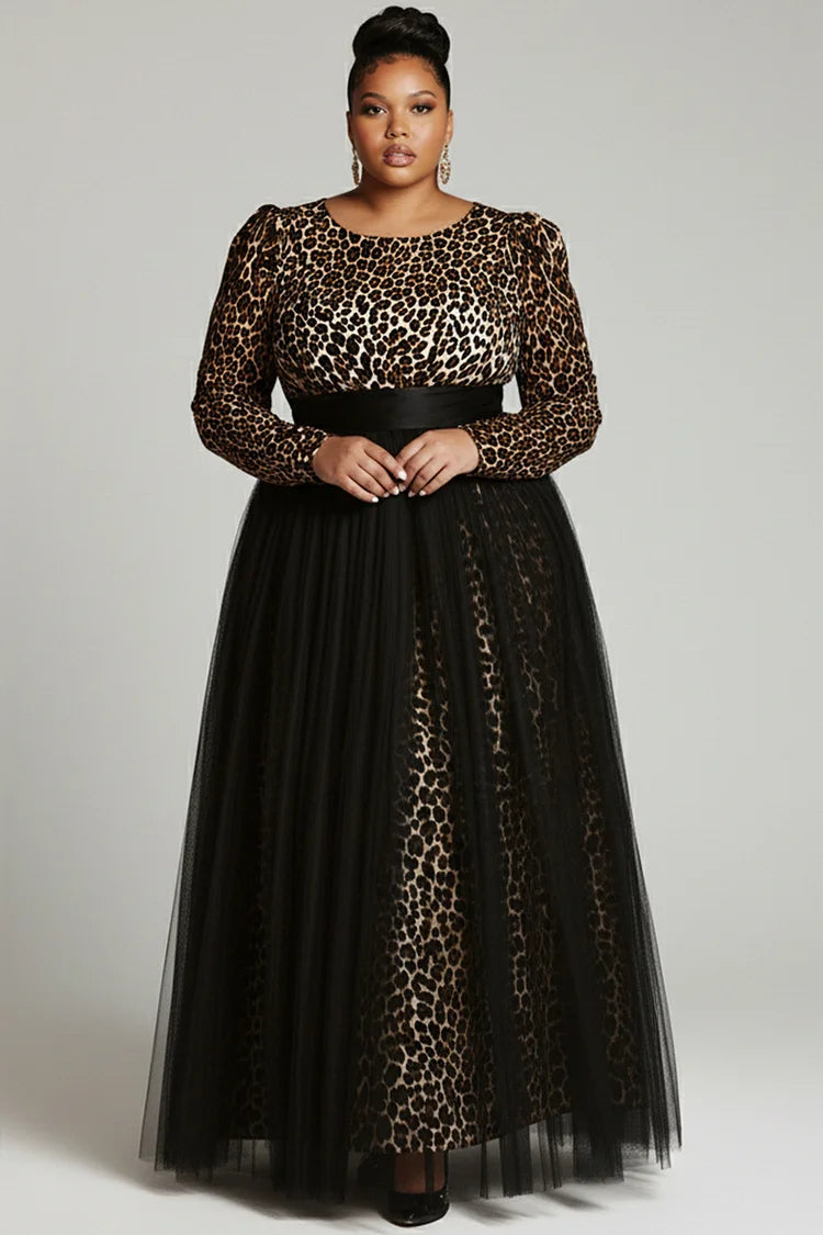 Black Leopard Round Neck Long Sleeve Contrast Elegant Tulle Maxi Dress