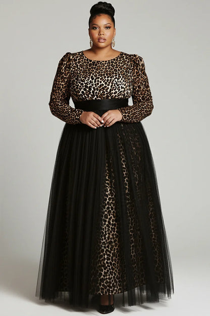 Black Leopard Round Neck Long Sleeve Contrast Elegant Tulle Maxi Dress