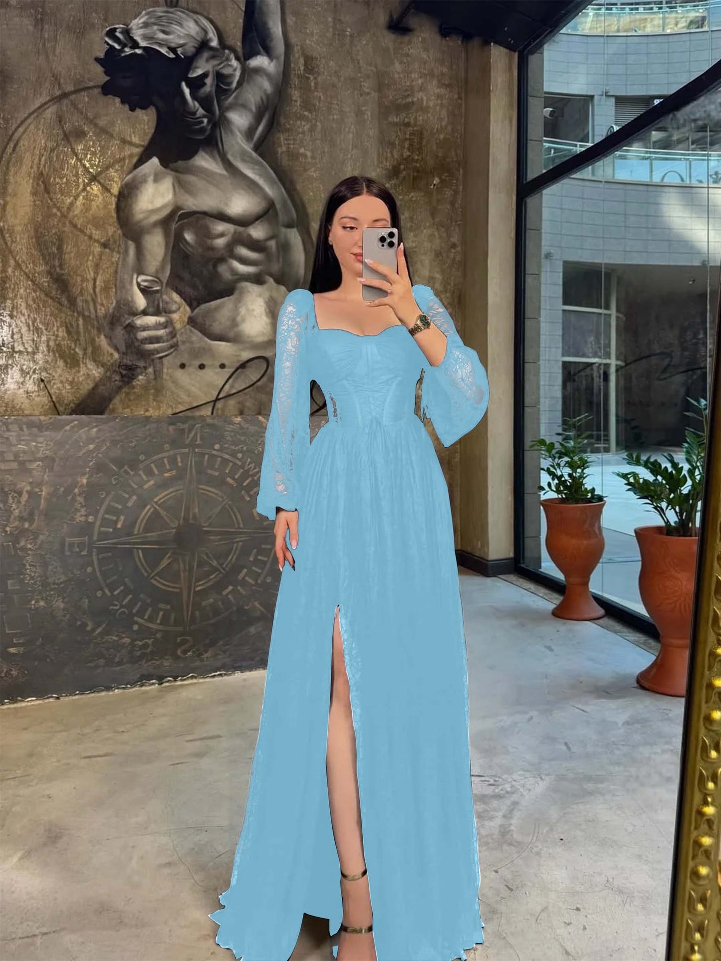 Lantern Long Sleeves Long A-Line Pleated Prom Dress With Split And Corset