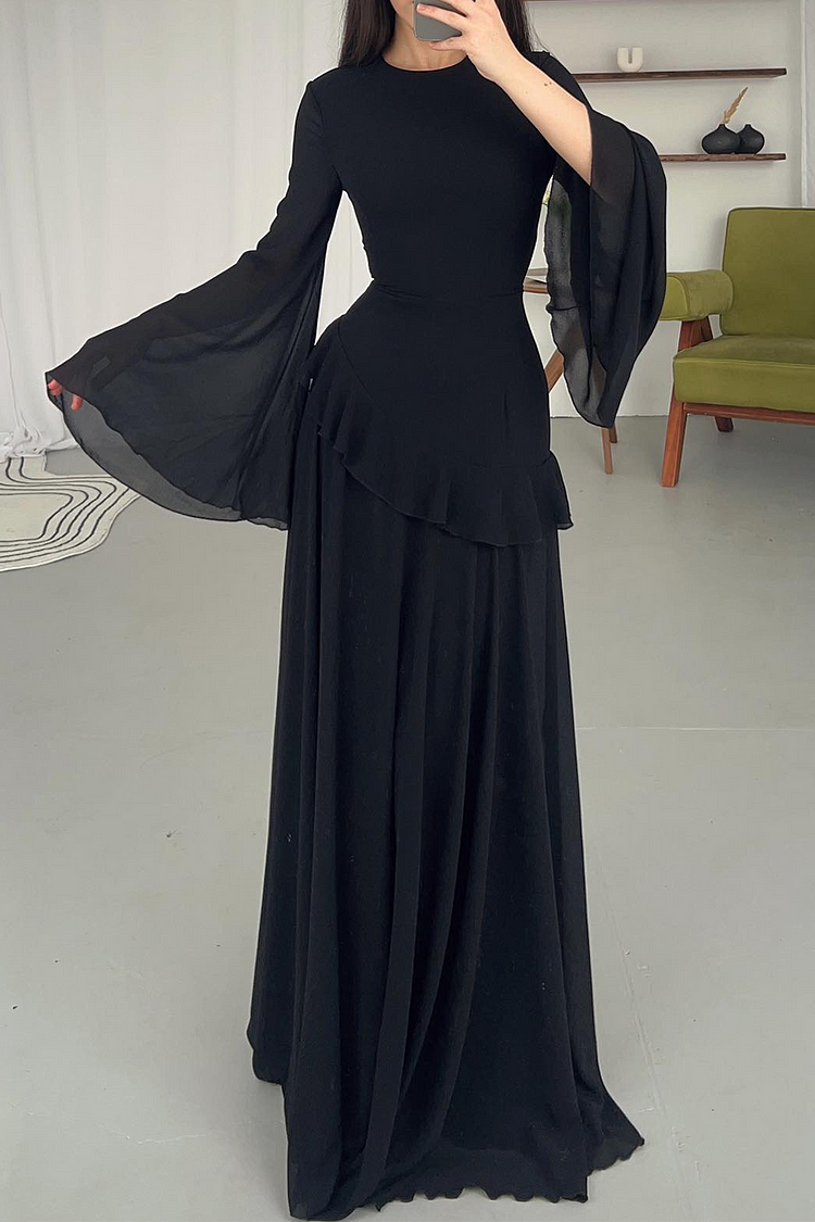 Round Neck Flare Sleeve Ruffled Solid Color Maxi Dresses