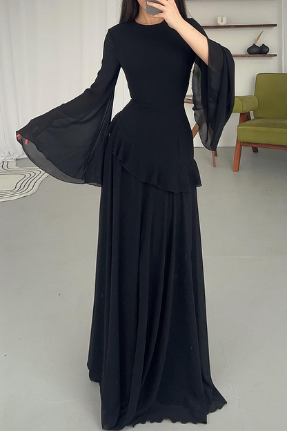 Round Neck Flare Sleeve Ruffled Solid Color Maxi Dresses